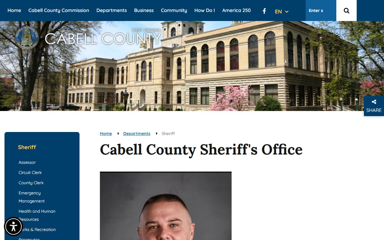 Cabell County Sheriff's Office page linking to inmate records and regional jail search