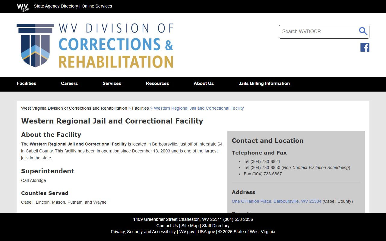 Western Regional Jail and Correctional Facility inmate lookup and visitation page
