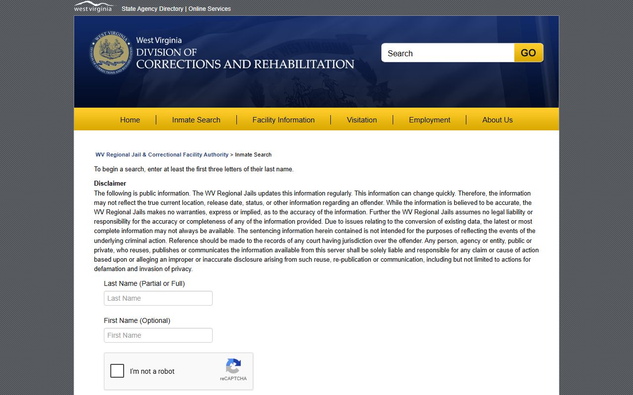 Cabell County inmate roster search form on the West Virginia regional jail portal