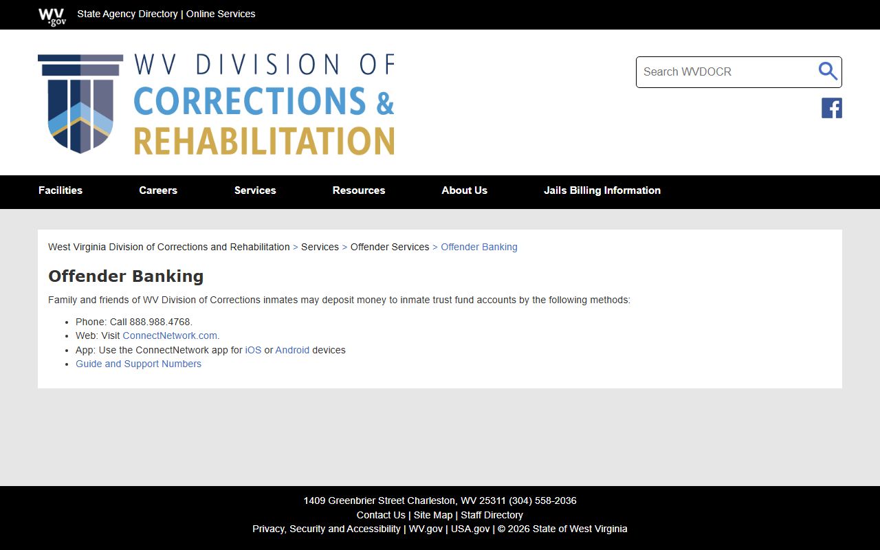 Western Regional Jail inmate money and commissary deposit information